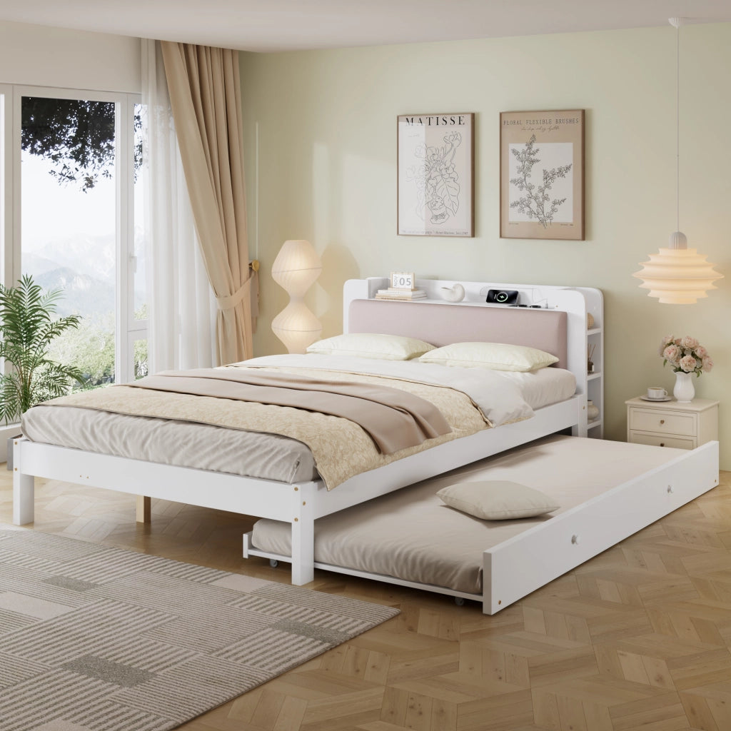 Letto funzionale 120x200 cm bianco con letto estraibile 90x190 cm, testiera imbottita e stazione di ricarica