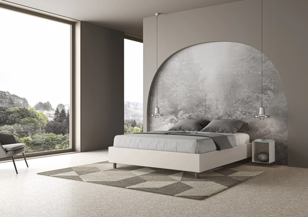 BS COM Letto matrimoniale francese con rete imbottito 140x210 similpelle bianco