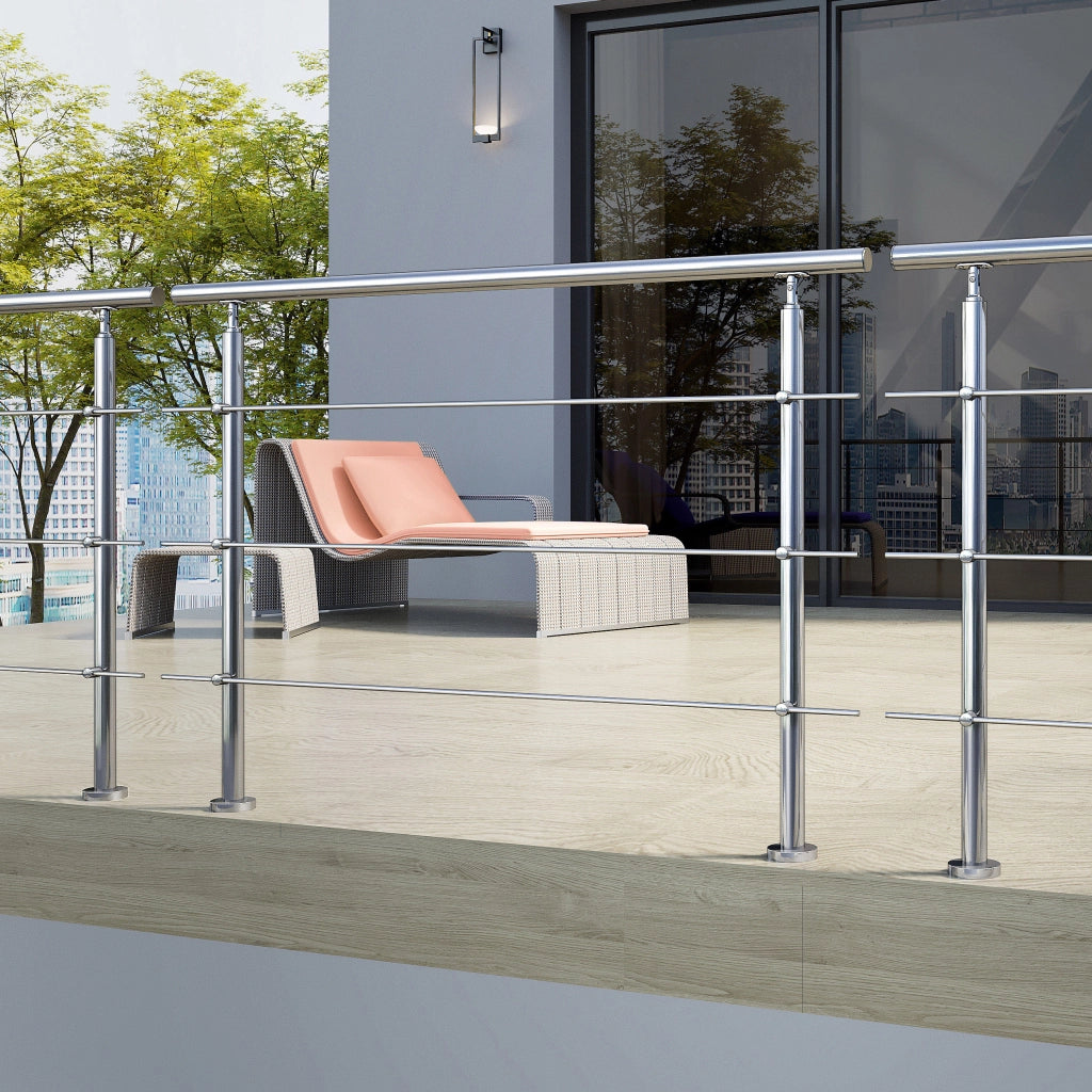 Ringhiera Balaustra Corrimano in acciaio inox 304 spazzolato 150x106cm per interni ed esterni 3 barre trasversali