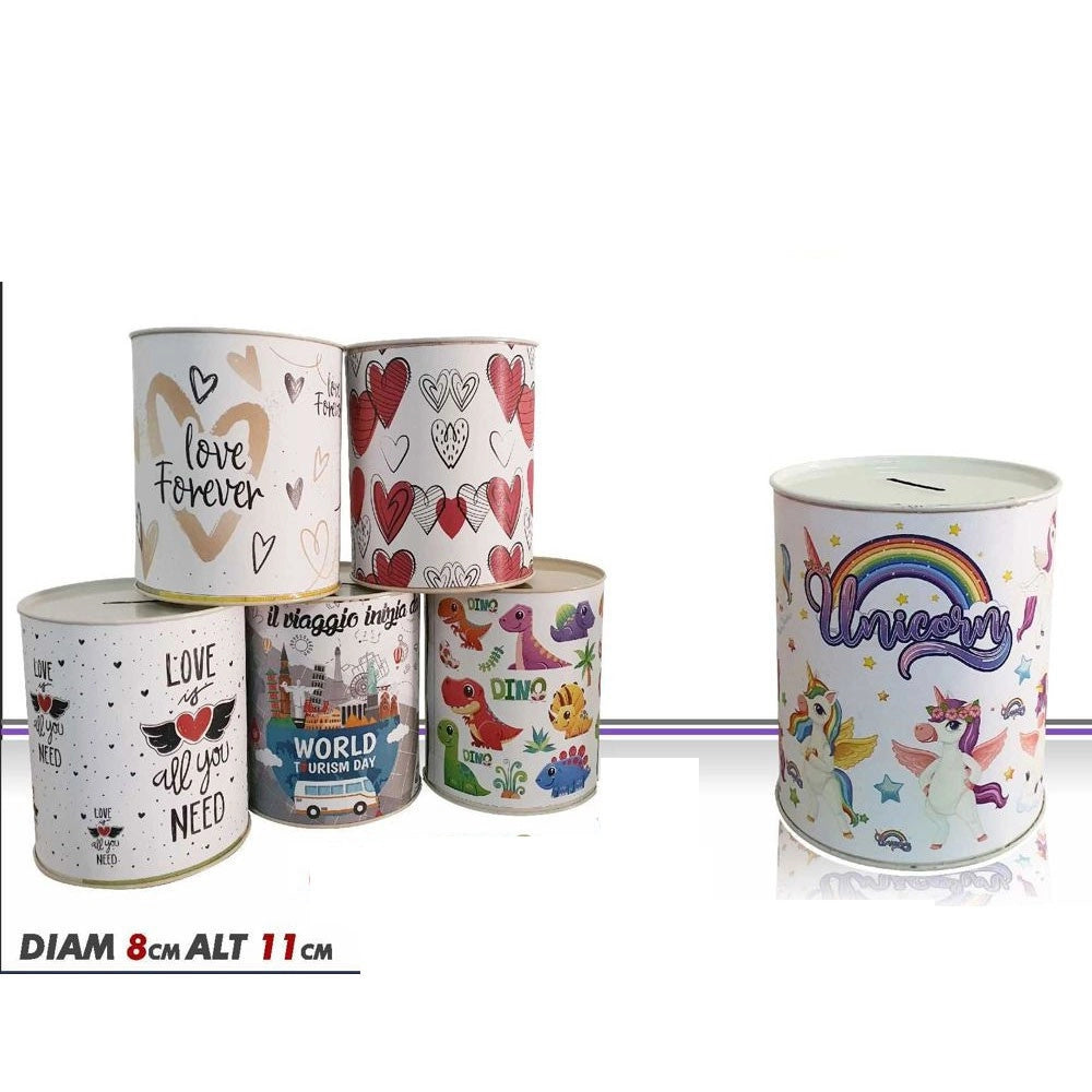 Trade Shop - Set 2 Pezzi Salvadanaio Latta Mini Monete Banconote Apertura Disegni Misti 11 Cm -