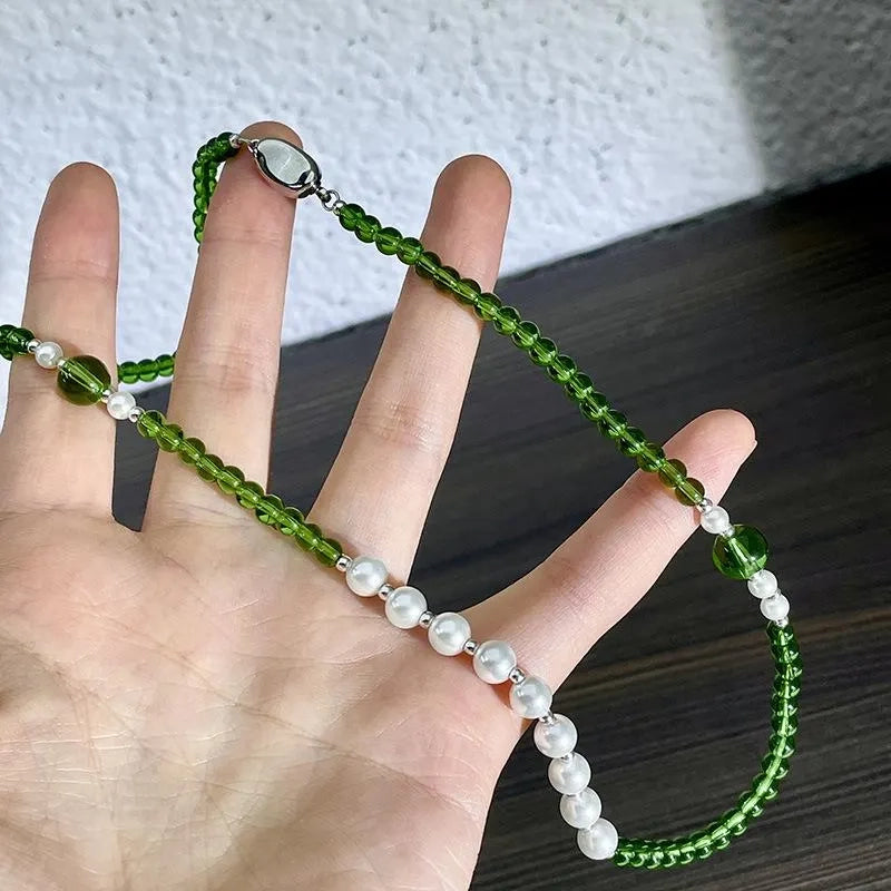 Collana vintage fatta a mano con perle di cristallo verde, regalo di Natale per donna, regalo di compleanno