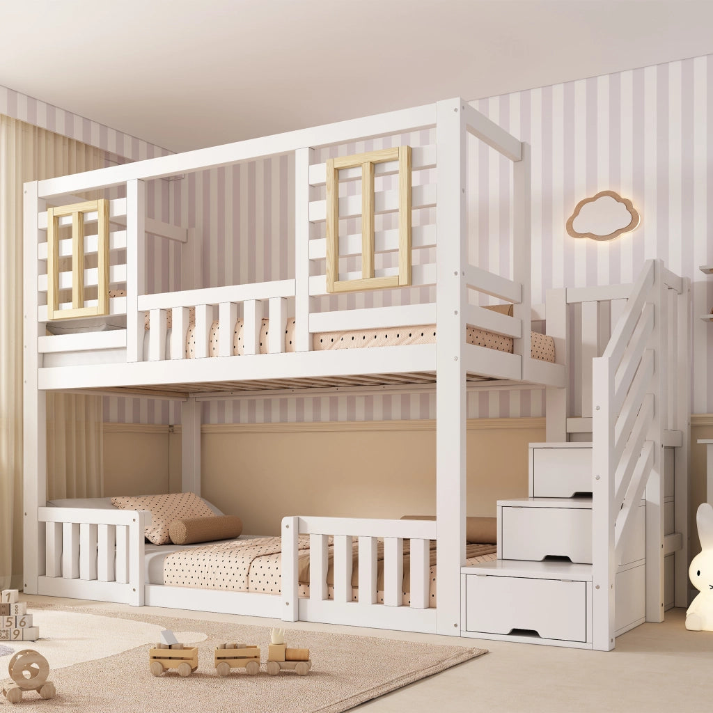 DESMIU Letto a castello per bambini 90 × 200 cm con scala-armadio, finestre in legno e senza materasso