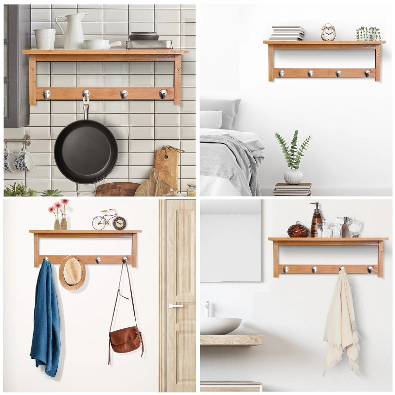 Appendiabiti da parete con ganci, salvaspazio, portata 5 kg, 50 x 16 x 17,5 cm, legno naturale