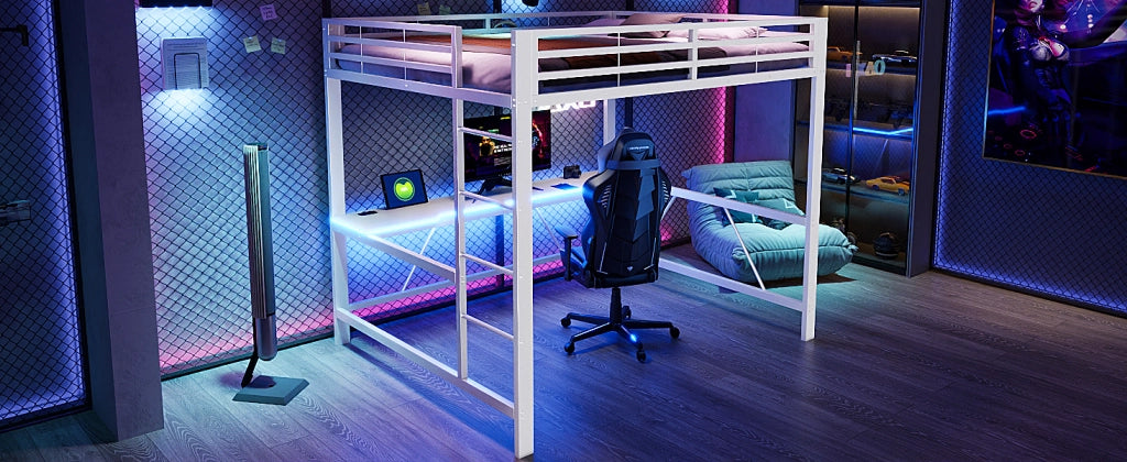 DESMIU Letto a soppalco 160 × 200 cm 2 posti con scrivania, LED e ripiani, senza materasso, in metallo, bianco