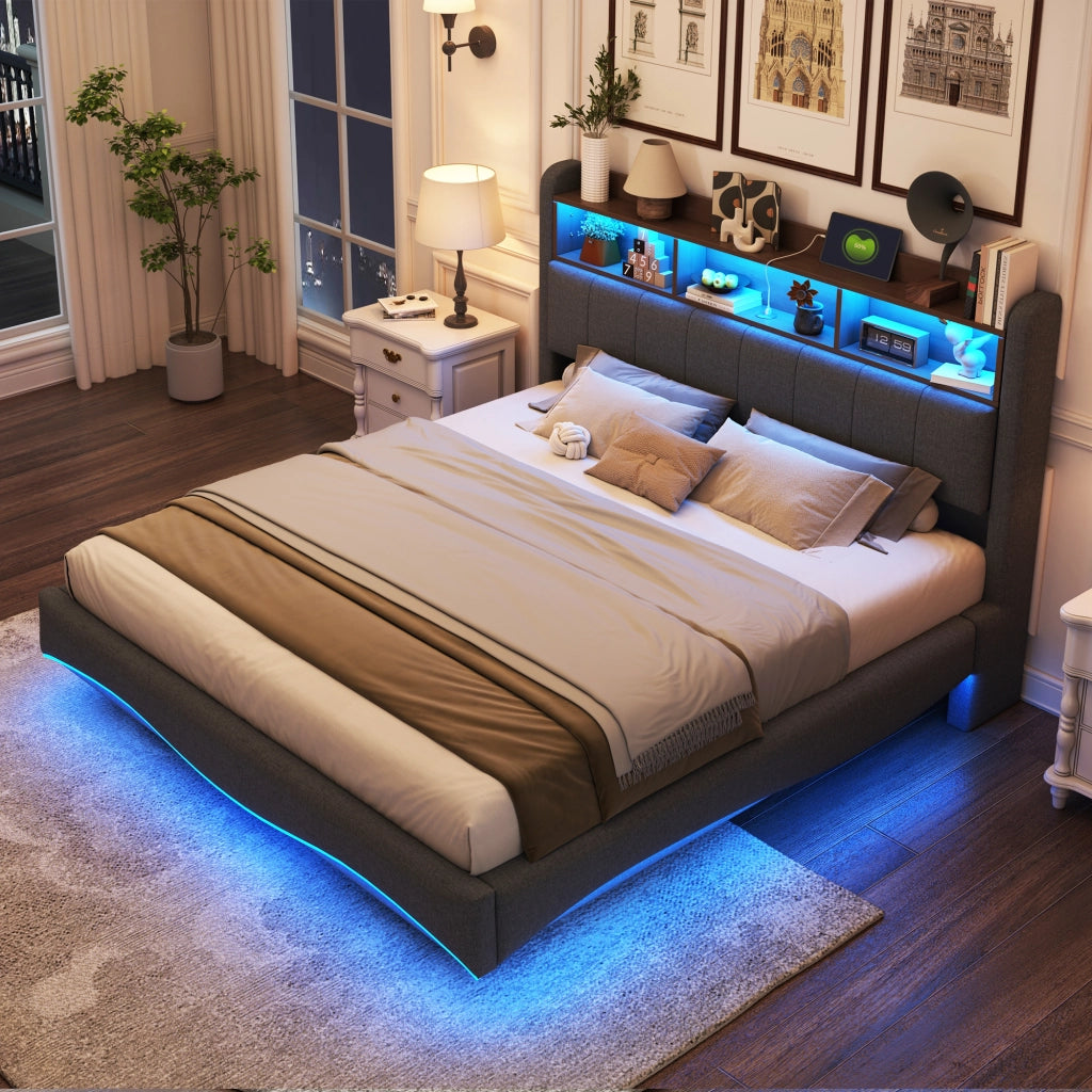 LETTO Imbottito 160x200 cm Grigio con LED, USB e Type-C