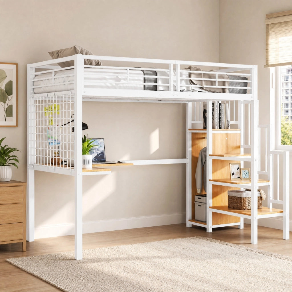 Letto a soppalco in metallo con armadio integrato e scala laterale, 90x200 cm