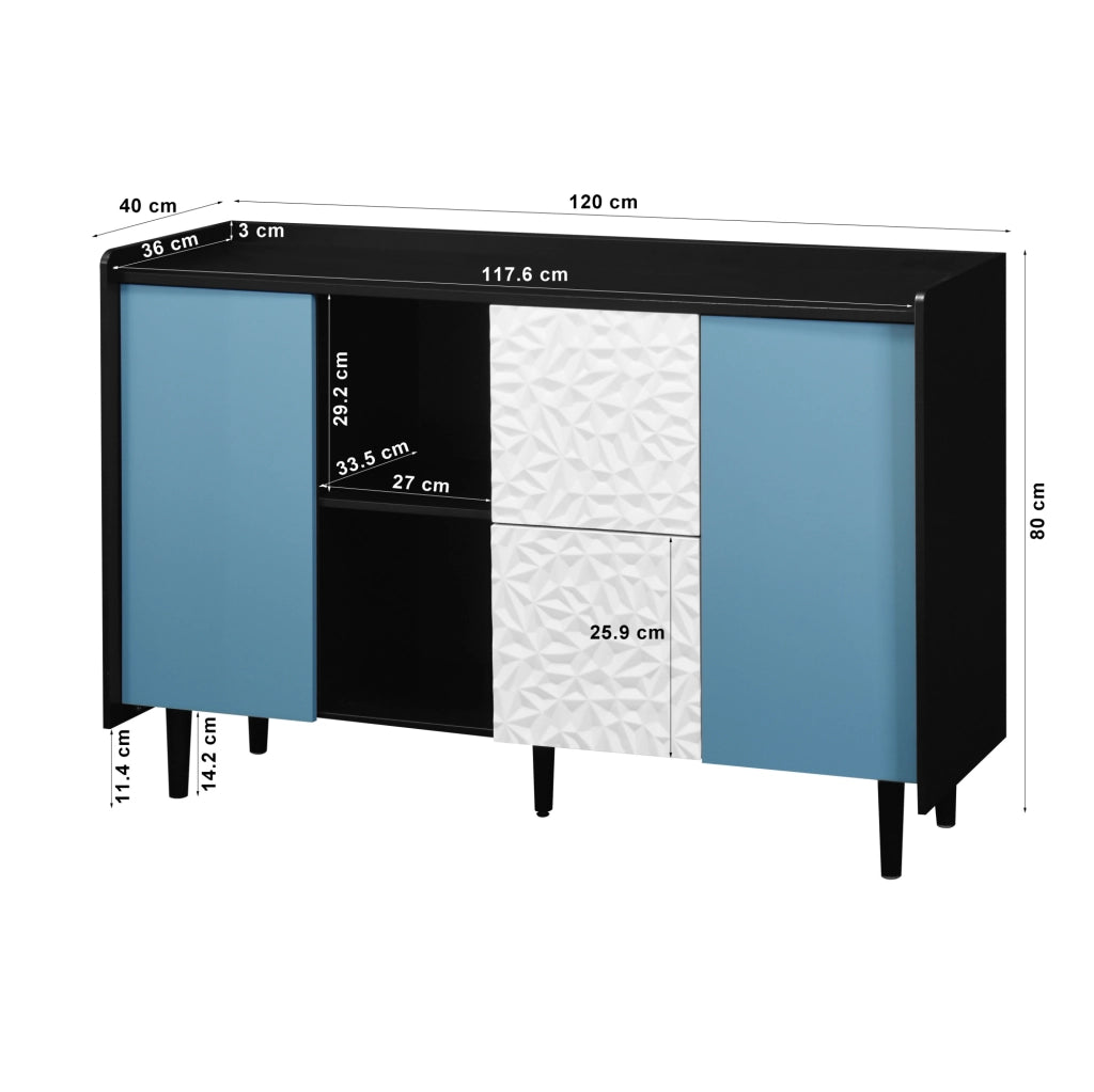 Credenza sideboard con 2 cassetti e vano chiuso 120 cm in MDF nero e blu