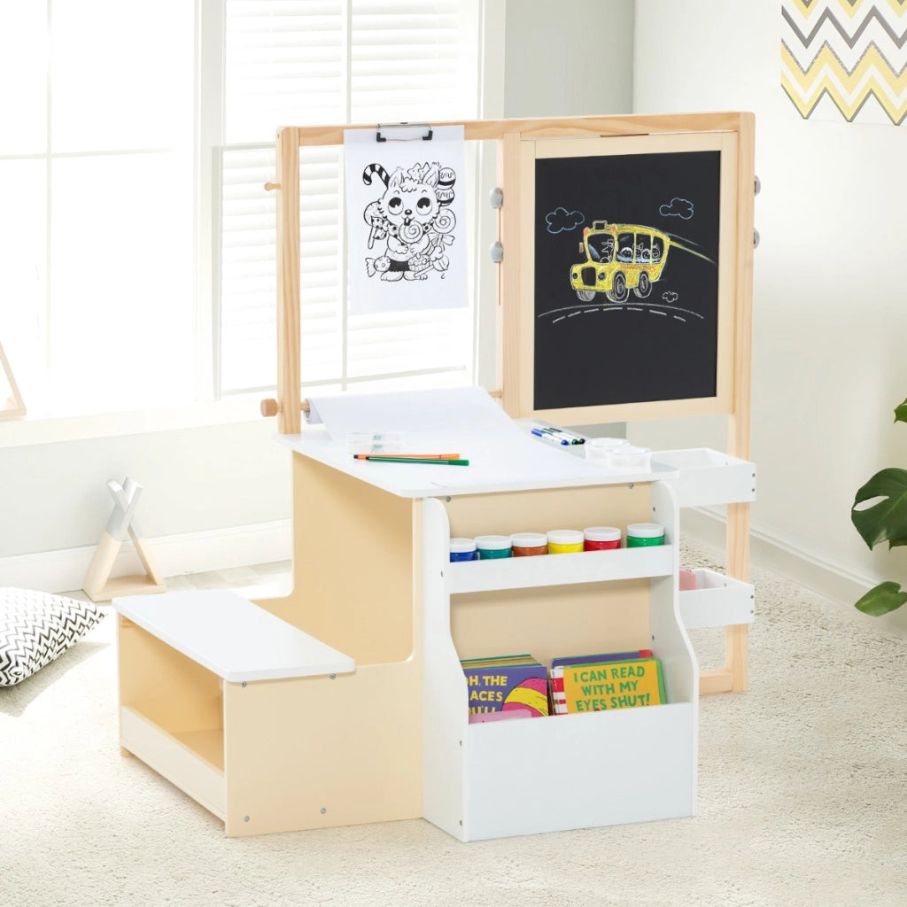Set tavolo e panca per bambini con cavalletto regolabile a doppia faccia, Centro artistico in legno 114x81x100cm Bianco