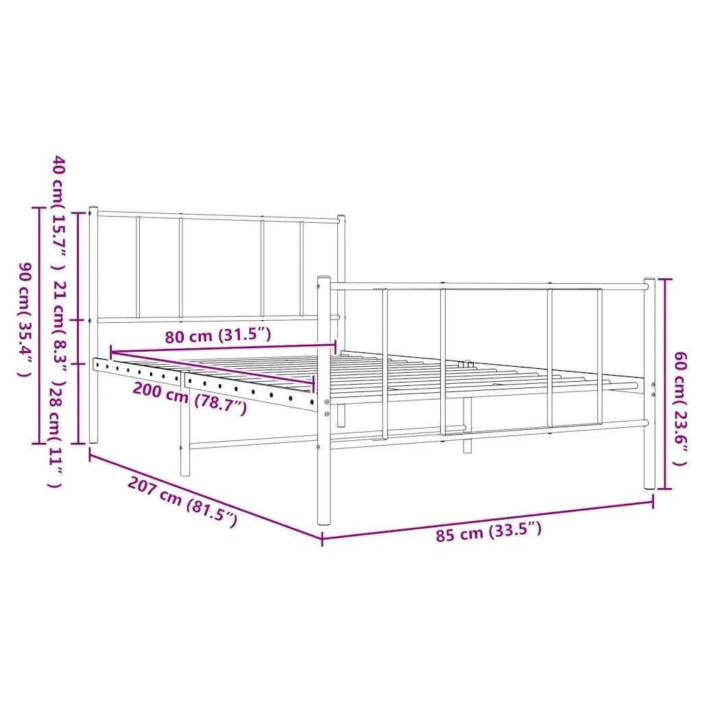 Letto singolo | Letto per adulti | Giroletto con Testiera e Pediera Metallo Bianco 80x200 cm