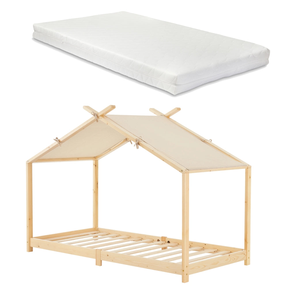 Letto Brome per Cameretta a Forma di Casetta e Materasso 90x200 cm Legno di Pino Naturale [en.casa]