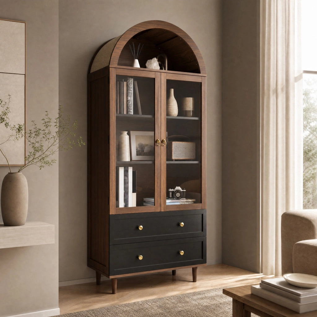 SIDEBOARD con ripiani regolabili 70x38x165 cm MDF e vetro noce