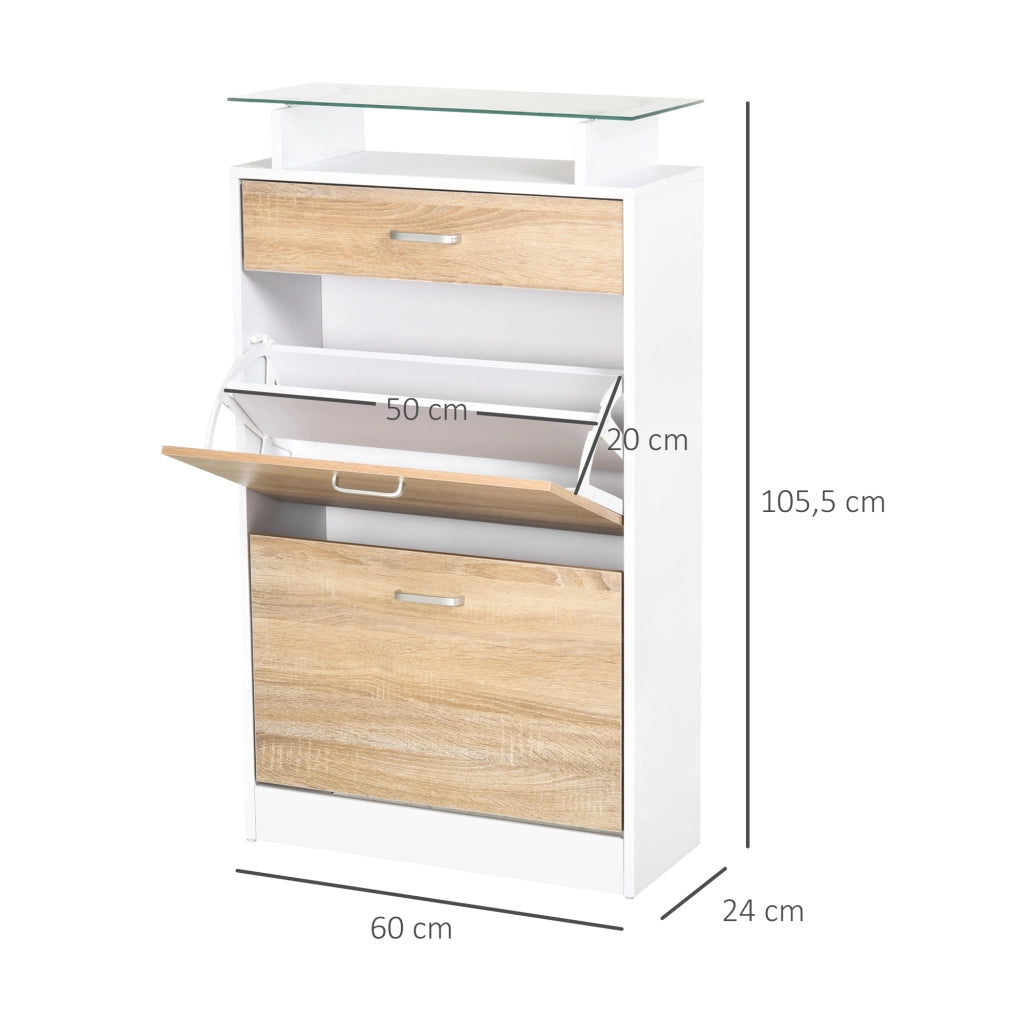 Armadio per Scarpe con 2 Ante Battenti, Cassetto e Piano in Vetro ¨C Minimal ¨C Legno Rovere Bianco 60x35x100
