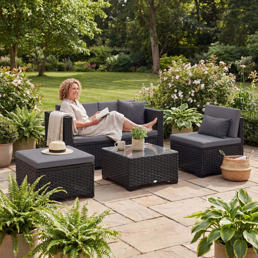 5-Piece Modular Wicker Garden Set with Cushions, Gray Corner Sofa