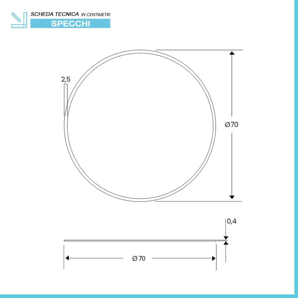 Specchio rotondo 70 cm reversibile biselattura di 2,5 cm