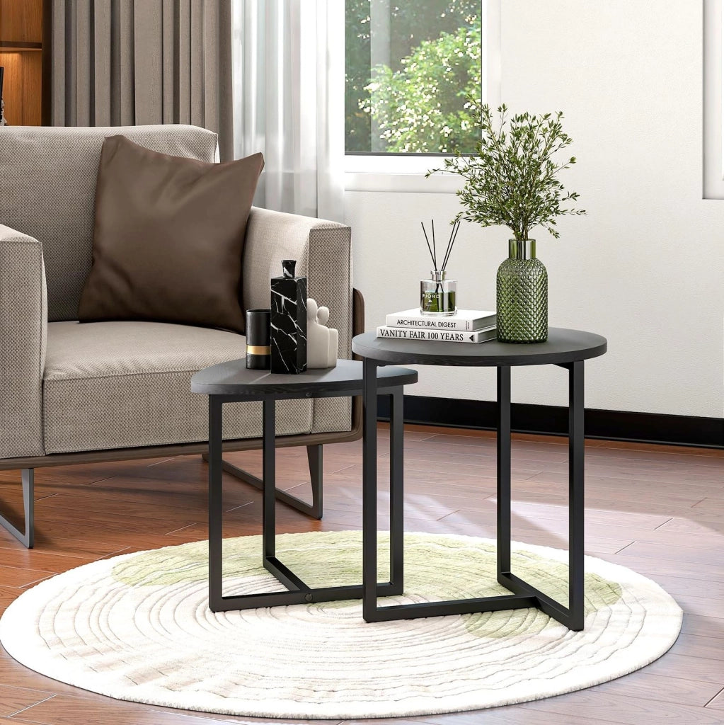 Set di tavolini da salotto; design industriale con piano a cuore; metallo nero