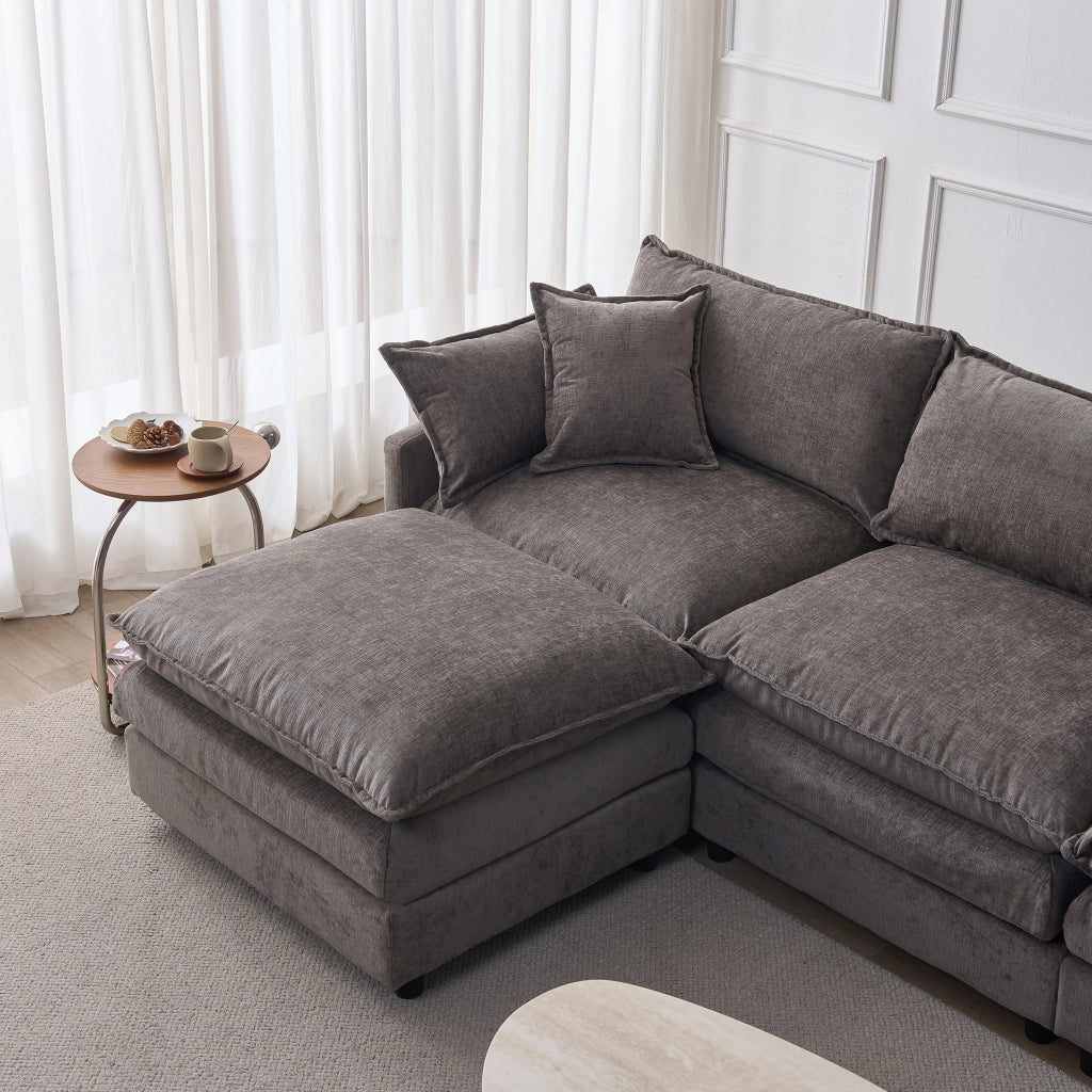 Divano angolare modulare 3 posti con pouf mobile e 2 cuscini, in ciniglia, grigio