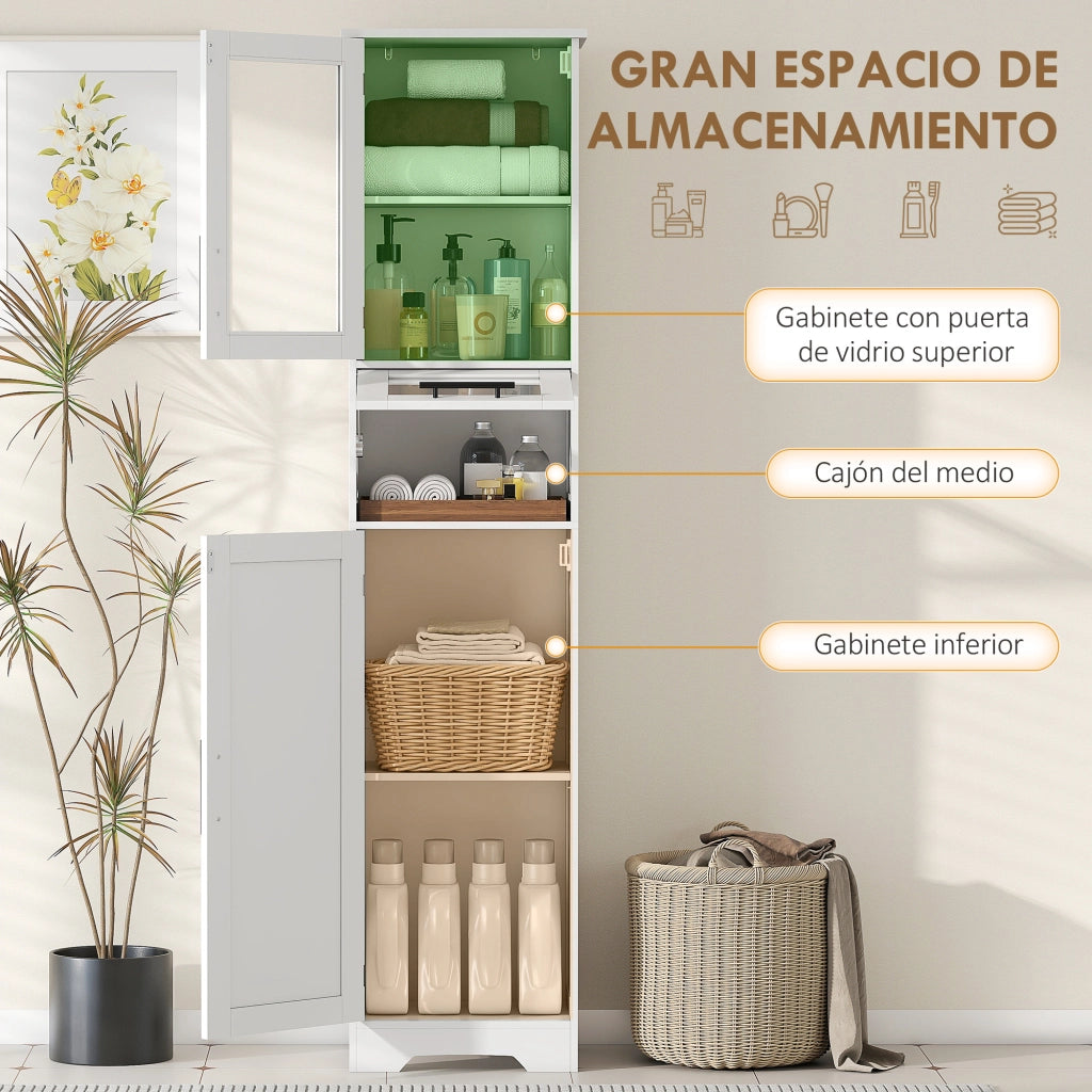 Colonna Bagno con Anta a Vetro Ripiani Regolabili e Cassetto ¨C Minimal ¨C Bianco 40x31x170 cm