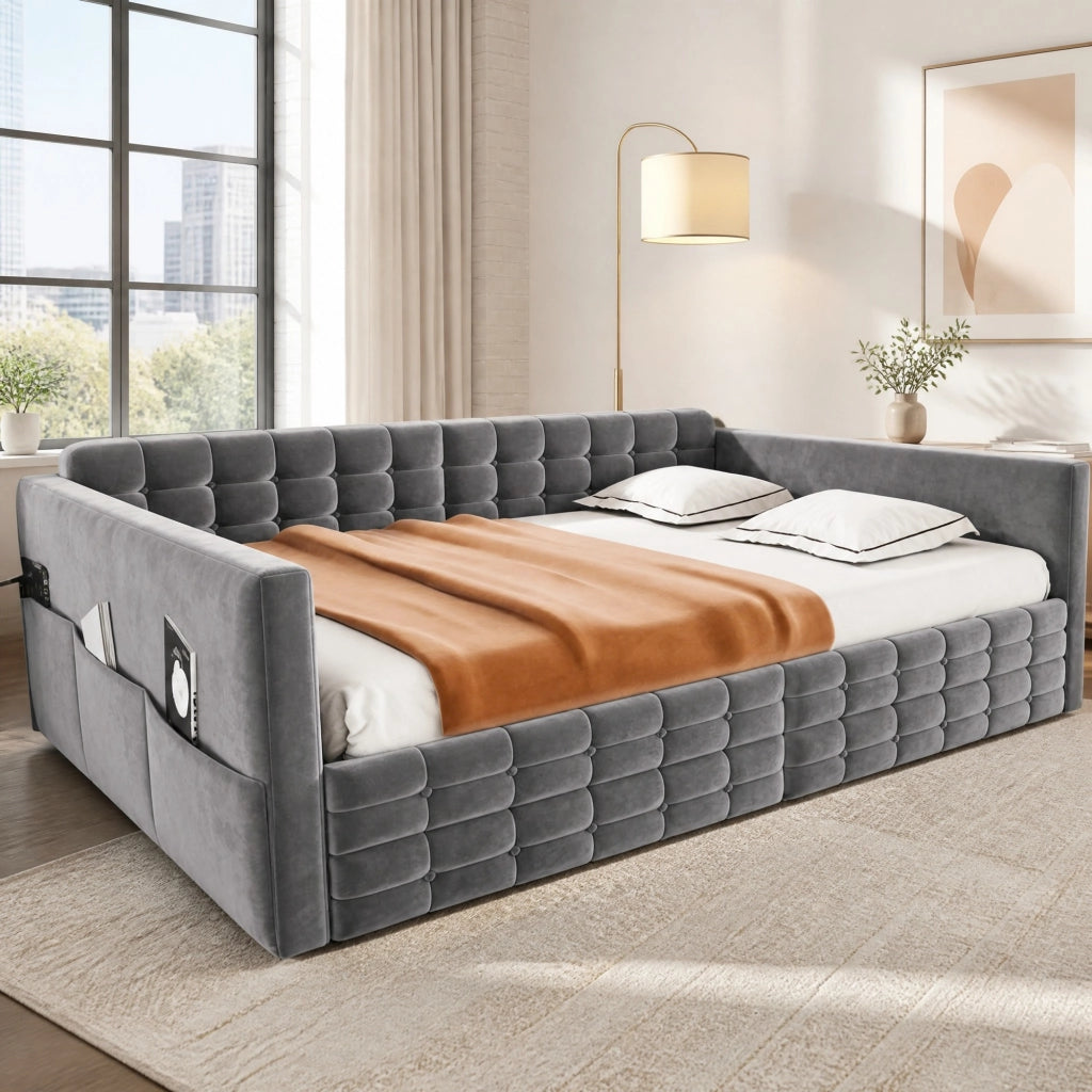 LETTO imbottito 140x190 cm grigio con cassetti e tasche laterali