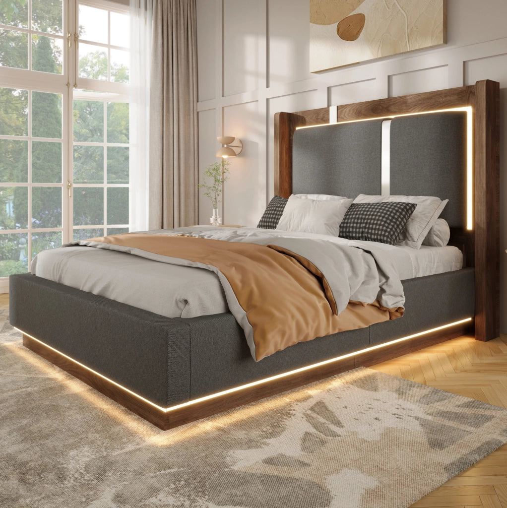 Letto imbottito 90x200 con LED, vano contenitore e rete a doghe