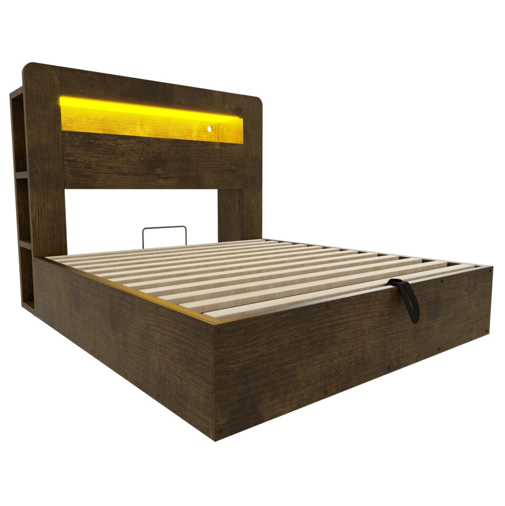 Letto contenitore 140x200 in legno con testiera LED e prese integrate