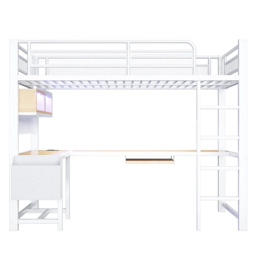 Letto a soppalco con scrivania 90x200 cm LEMONMAX, LED 7 colori, 2 prese e 2 USB, mensole, struttura in metallo, bianco