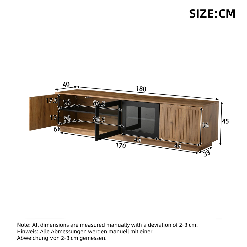 Mobile TV 180 x 40 x 45 cm in pannello truciolare, colore naturale e nero, con ante in vetro temperato e illuminazione LED