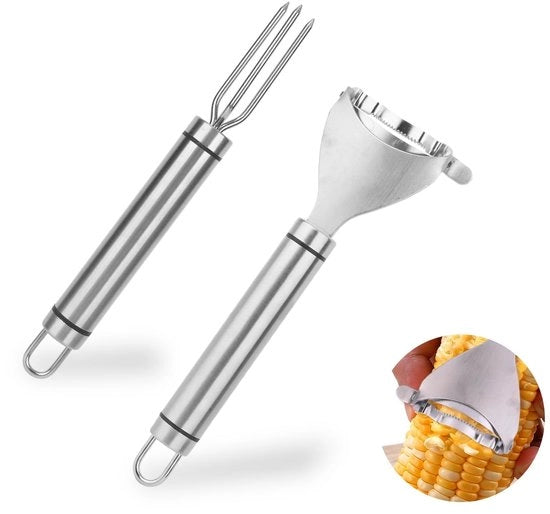 Set di Strumenti per la Rimozione del Fusto di Mais - Acciaio Inossidabile - Fustella per Mais - Utensile da Cucina Efficiente - 2 Pezzi - 18,7x6cm / 18,2x6,5cm - Strumento per Lisciare il Mais