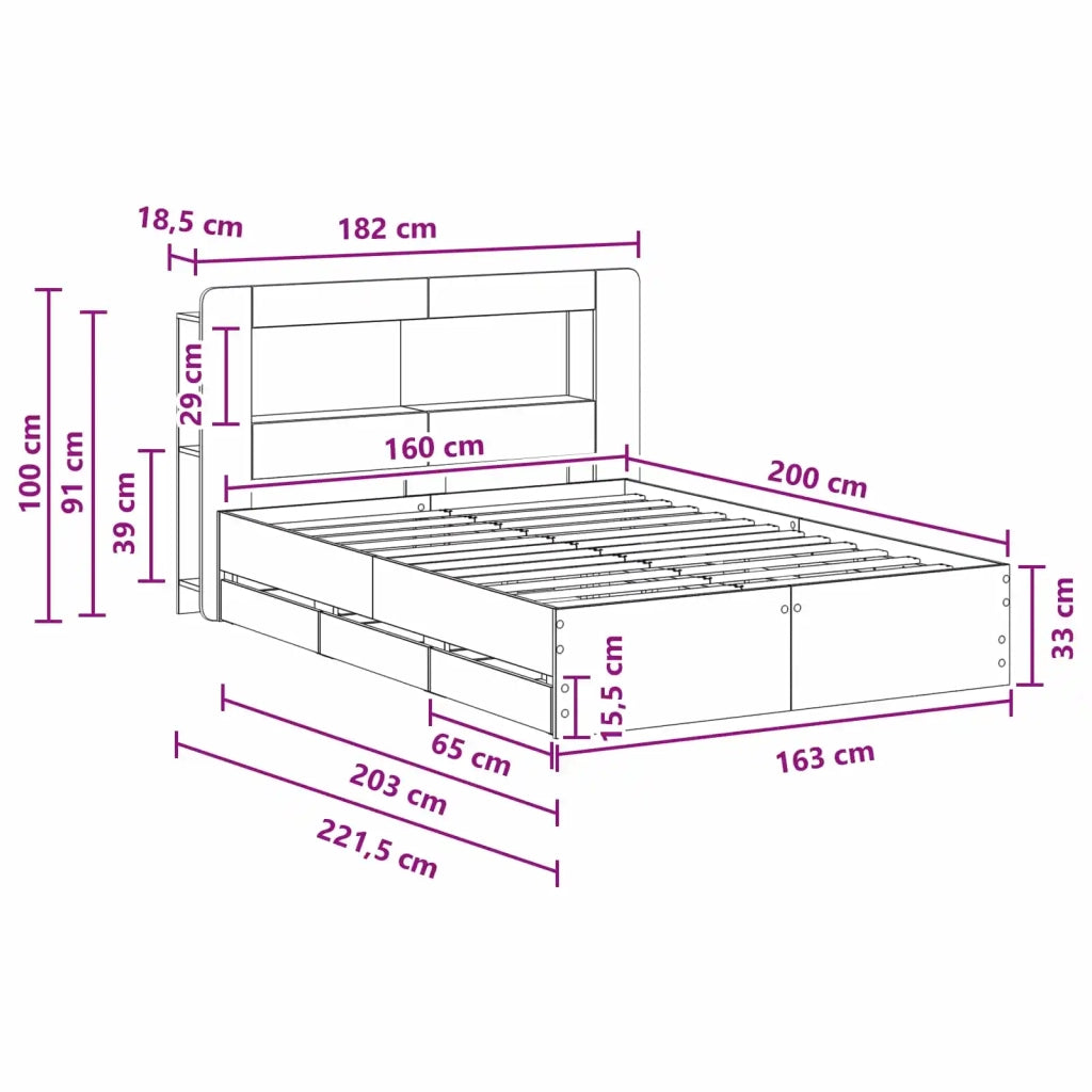 Letto matrimoniale | Letto per adulti | Telaio del letto con storage Sonoma grigio 160 x 200 cm