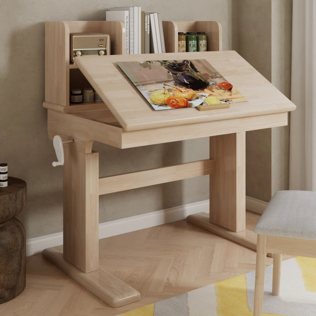Tavolino per bambini, scrivania in legno massello regolabile in altezza, piano pieghevole da 0¡ã a 43¡ã, vano portaoggetti, certificato di sicurezza, pe