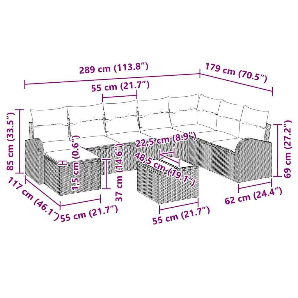 Set Divano da Giardino 9 pcs Grigio chiaro Poly Rattan 3346172