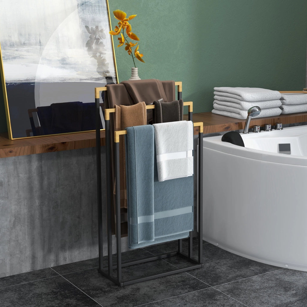 Portasciugamani a Terra con 3 Barre ¨C Xylo ¨C Bamb¨´ e Acciaio Nero 45x22,5x86 cm