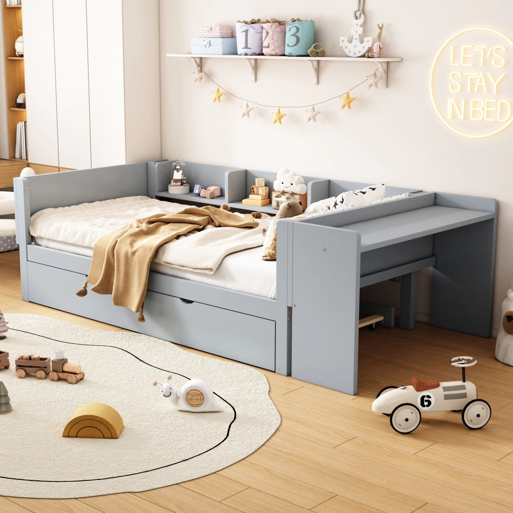 LETTO 90x200 cm con letto estraibile, scrivania e 3 ripiani laterali Grigio