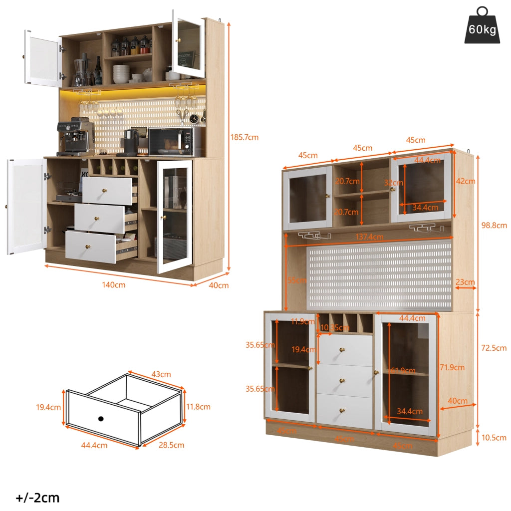 Credenza alta da cucina con cassetto; portabottiglie; portabicchieri; ripiani regolabili e LED per cucina in MDF e vetro 140x40x185;7 cm Bianco
