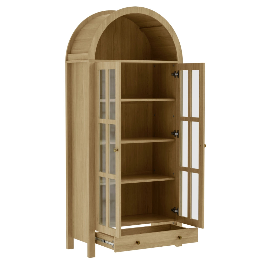 Vetrina ad Arco con 1 Cassetto e Ripiani per Soggiorno in MDF 75×35×170.5 cm Naturale