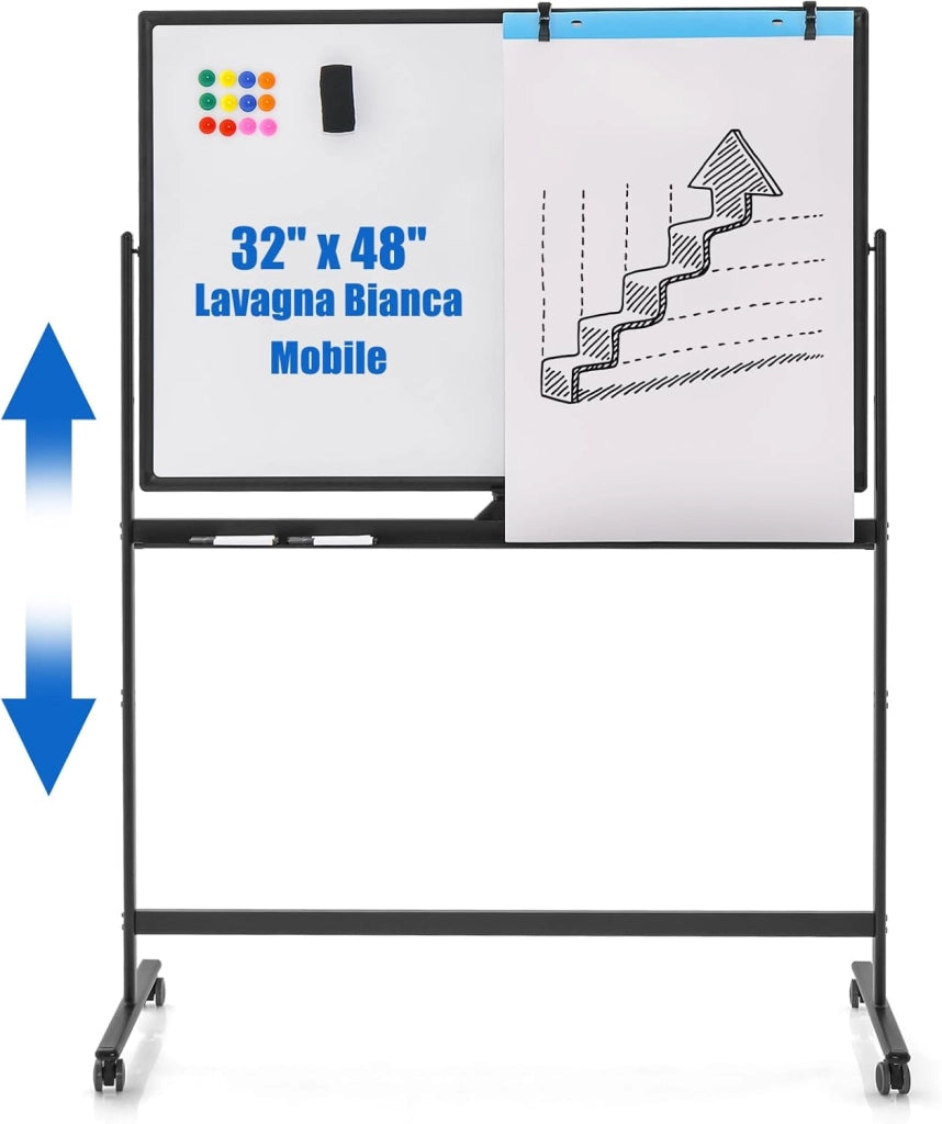 Lavagna Bianca Portatile con Ruote, Lavagna Bianca Regolabile in Altezza, Lavagna a Secco Reversibile per Scuola, Ufficio, Casa, 80 x 120 cm (Nero)
