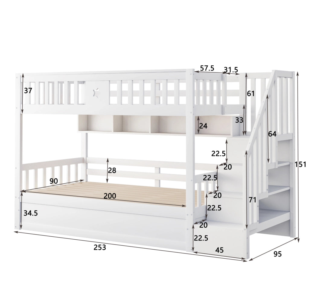 Letto a soppalco 90x200 cm con vano idraulico, scala contenitore e ripiani