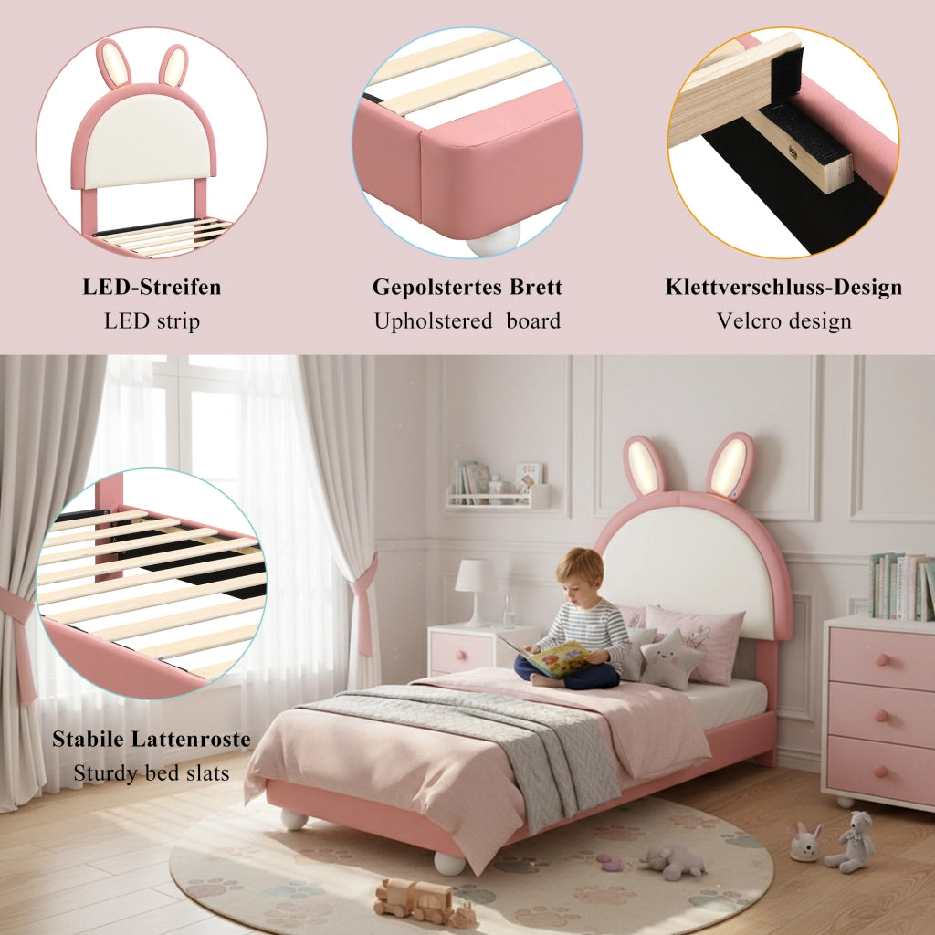 LETTO imbottito 90x200 cm in PU Rosa con testiera a forma di coniglio e LED