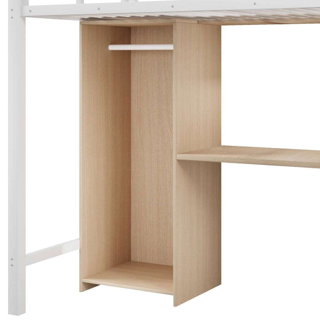 Letto a soppalco con armadio e scrivania - Zephmum- 90x200 cm, struttura in ferro, spazio di archiviazione, bianco