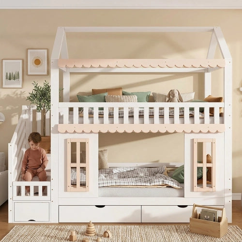 Letto a castello casetta 90x200 cm LEMONMAX per bambini, scala contenitore, 2 cassetti, finestre decorative, pino e MDF, bianco e naturale