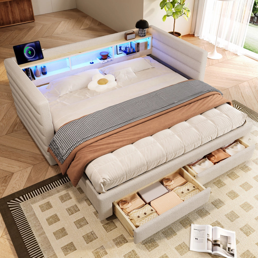 LETTO estraibile 90x190 cm in velluto beige con cassetti e luci LED