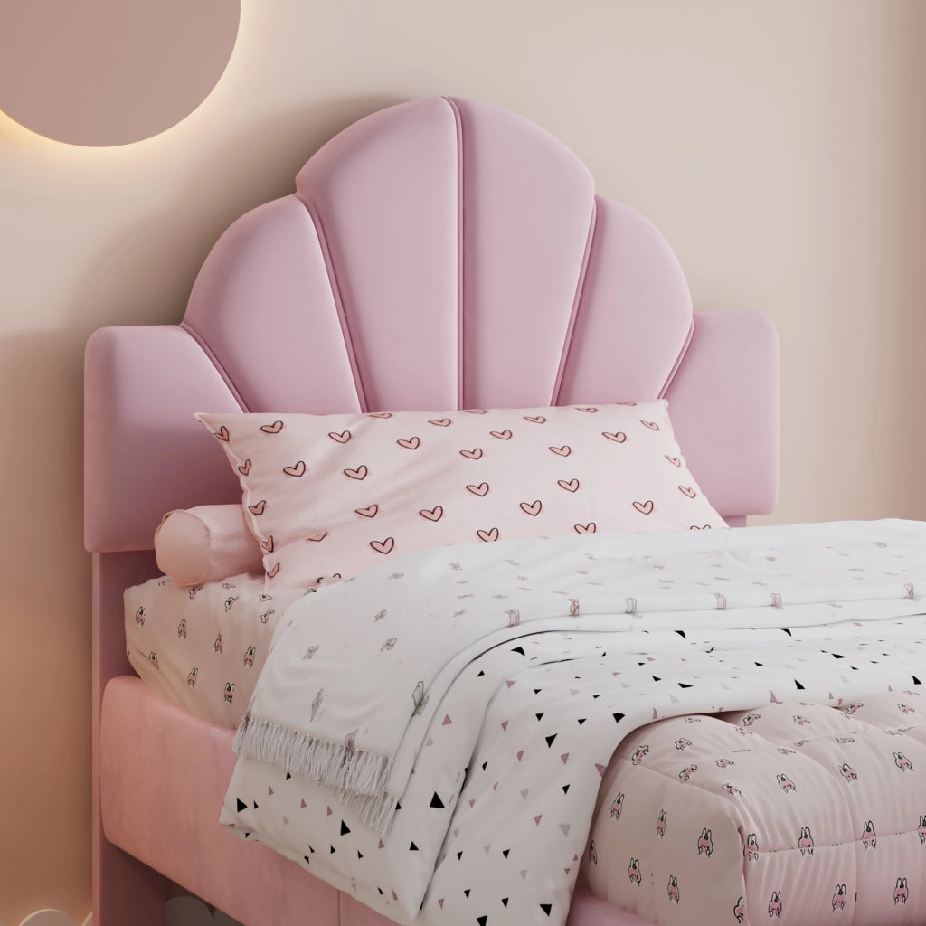 DESMIU Letto singolo 90 × 200 cm con panca coordinata, testiera in velluto, senza materasso, rosa