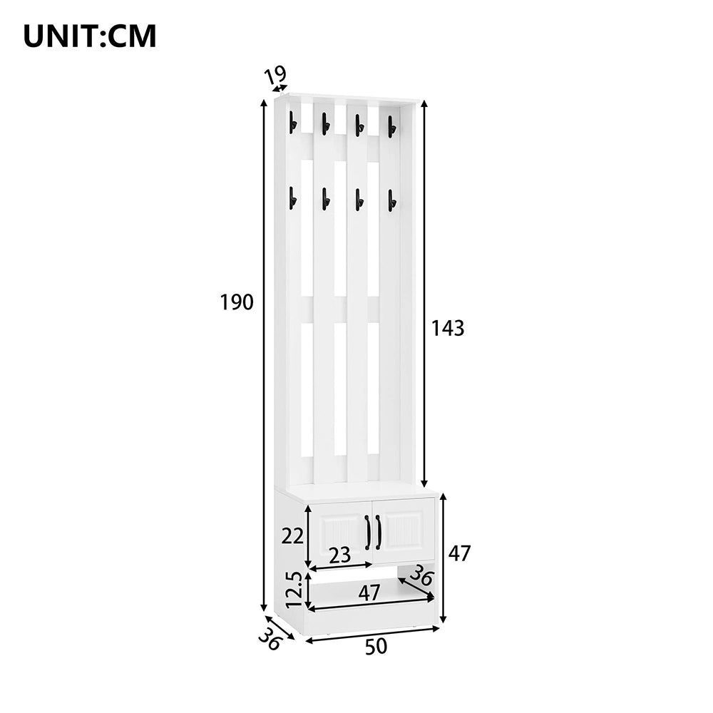 Set ingresso completo - Xylo - con armadio, panchina e appendiabiti, 8 ganci, 4 ante, 1 cassetto, 125x36x190 cm