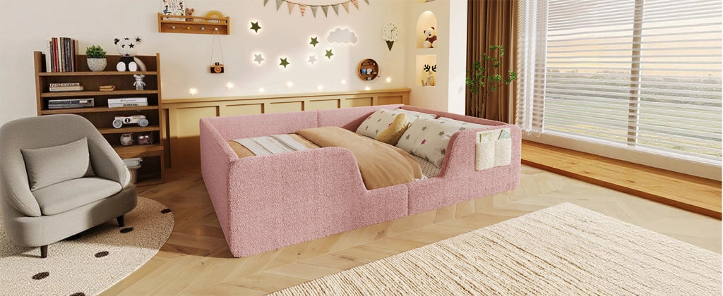 DESMIU Letto bambino 140 × 190 cm con sponde amovibili e tasca, senza materasso, in velluto, rosa