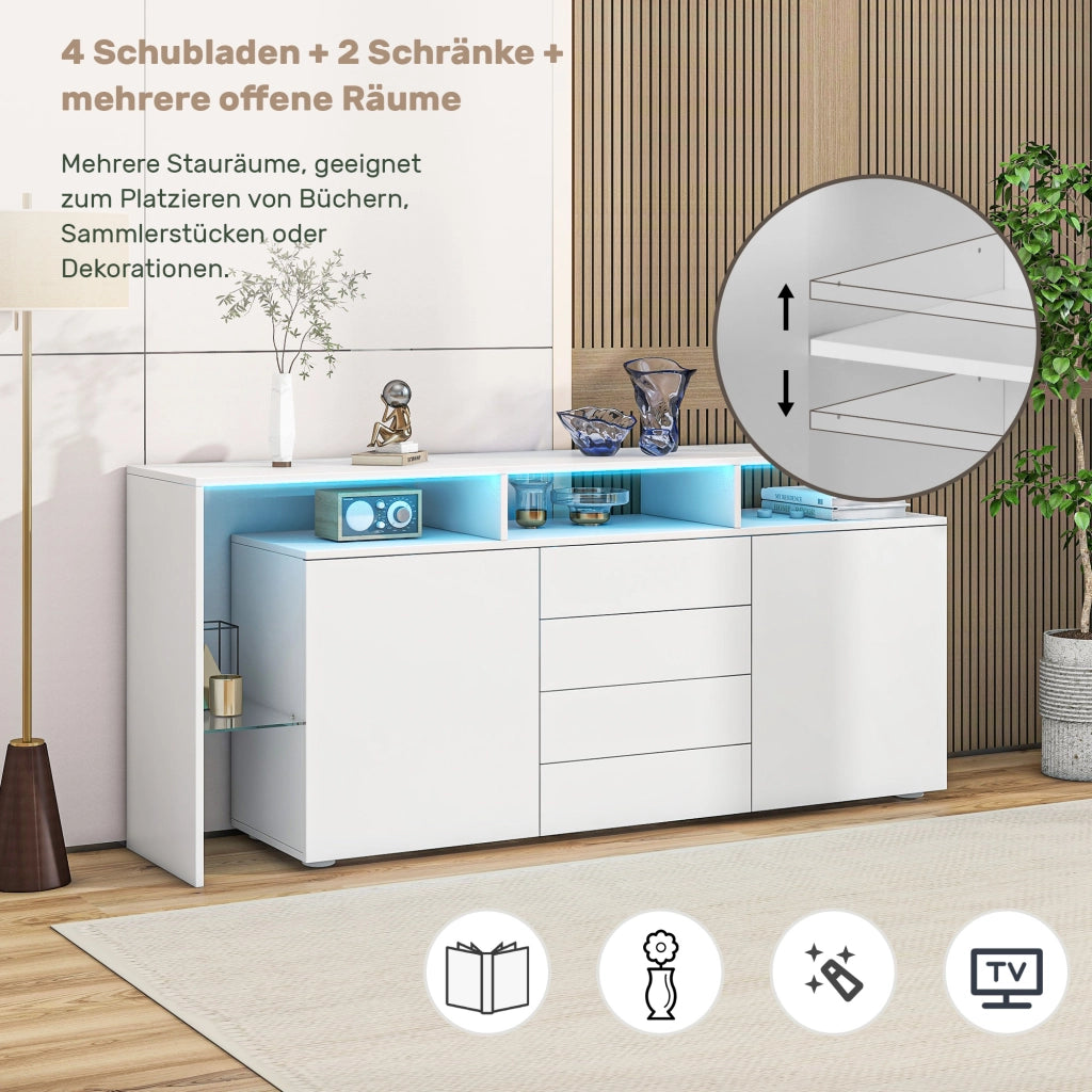 SIDEBOARD Contenitore 160x35x70 cm Bianco con LED e 4 cassetti