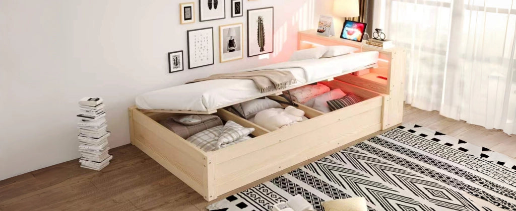 DESMIU Letto contenitore 90 × 200 cm 1 posto con presa, LED regolabile e vani, senza materasso, in MDF, legno