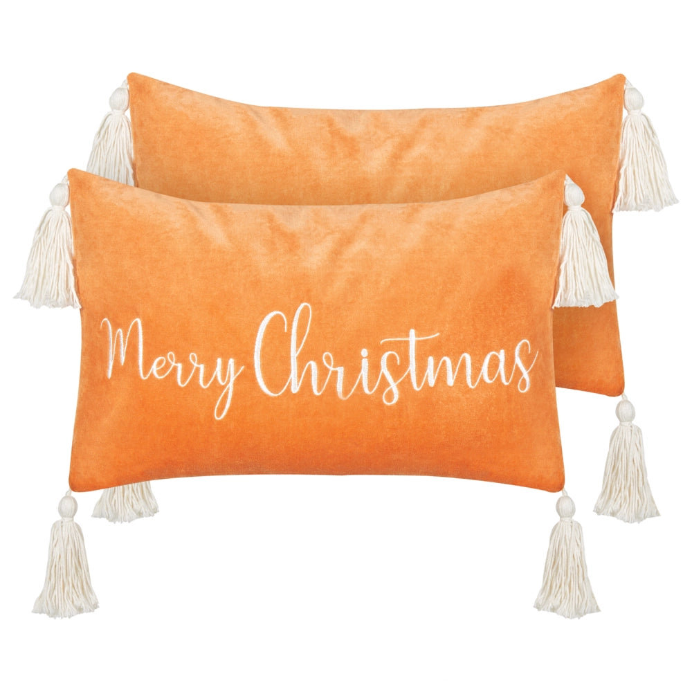 Set di 2 cuscini decorativi in cotone velluto con motivo natalizio e nappe arancione 30 x 50 cm soggiorno camera da letto