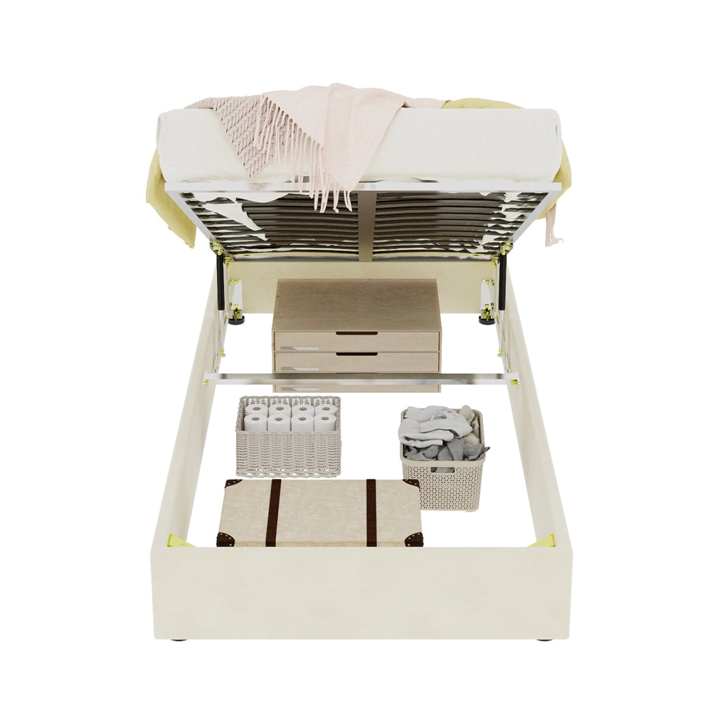 DESMIU Letto bambino 90 × 200 cm 1 posto con contenitore pneumatico e testiera fantasia, senza materasso, in tessuto e metallo beige