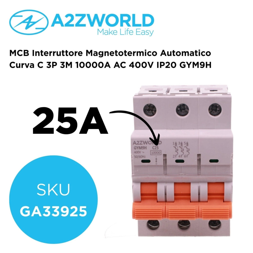 MCB Interruttore Magnetotermico Automatico Curva C 3P 3M 10000A AC 400V IP20 GYM9H, Accoppiabile Con Bobina di Sgancio GA01231 GA01232, Disponibili 16A 20A 25A 32A 40A 63A (C25A)