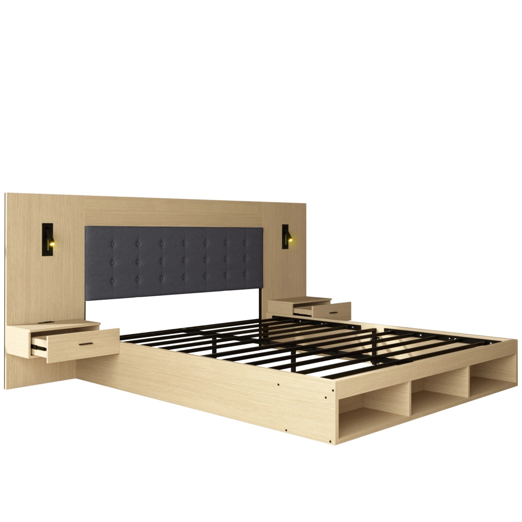 LETTO matrimoniale 180x200 cm con 2 comodini, USB e Type-C, rovere chiaro