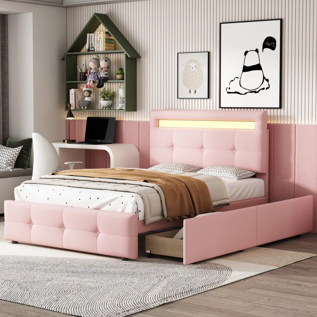 LETTO 90x200 cm Rosa con LED e 2 cassetti